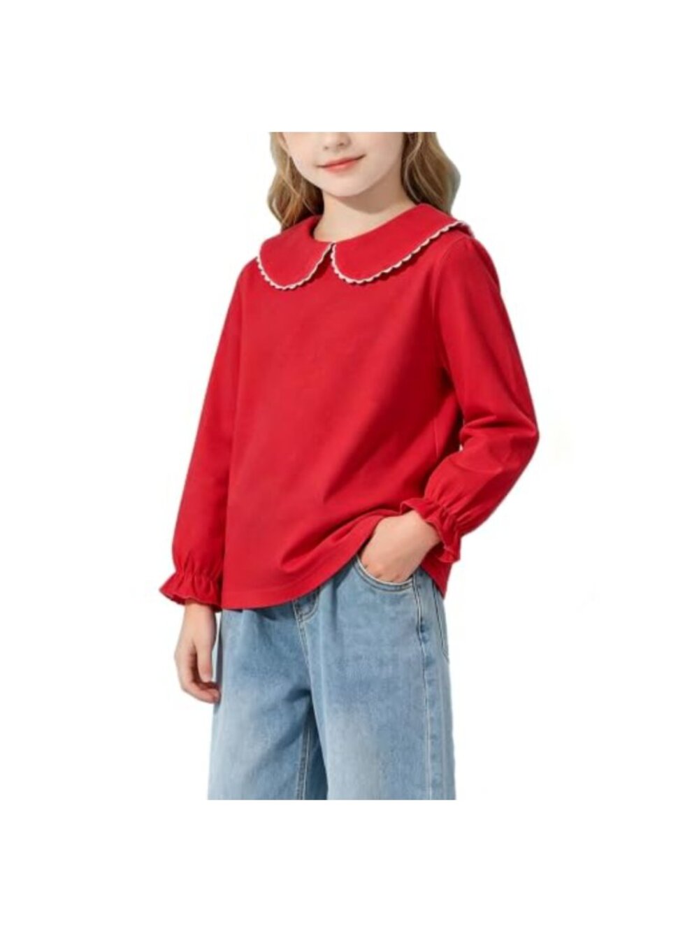 Girls Peter Pan Lace Collar Long Sleeve T-Shirt Cotton Blend Kids Tee